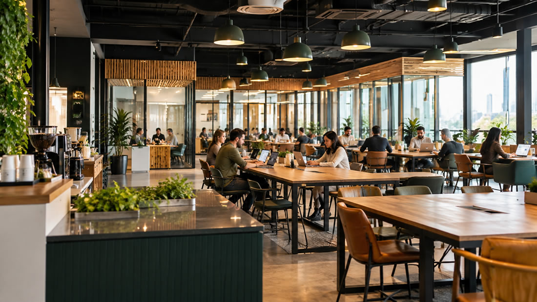 Modern coworking space with café seating